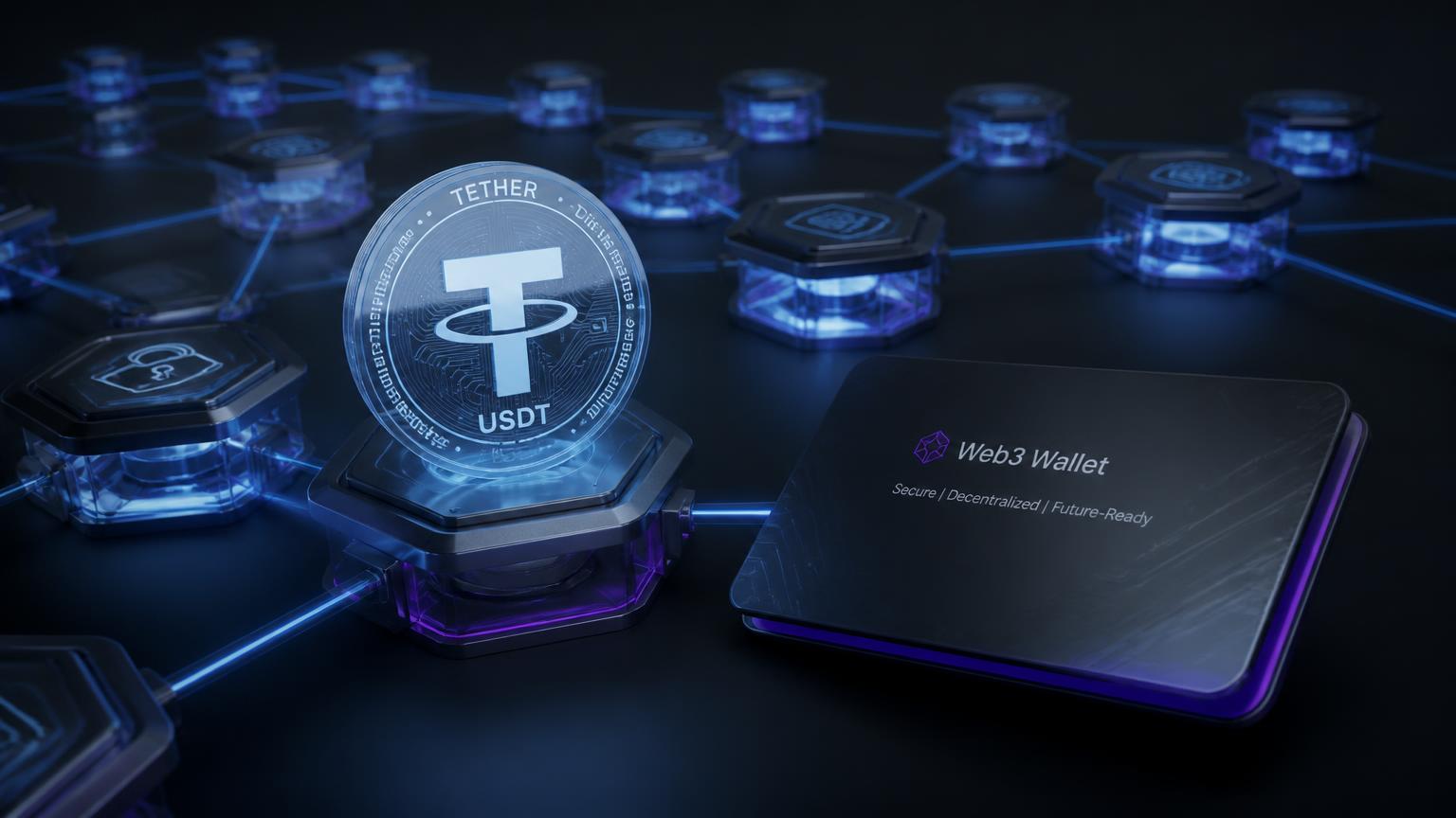 Connected Web3 blockchain nodes with a USDT token and a secure wallet